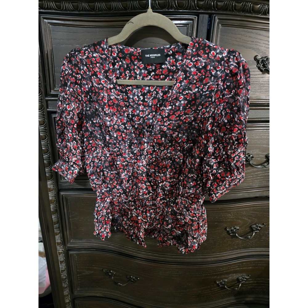The Kooples Flowers Dot Peplum Top Red Black Floral V-Neck FTOP24089K Size 1